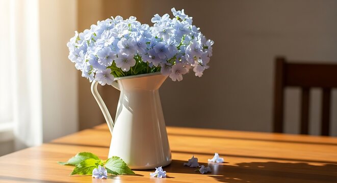 Cozy indoor scene: light purple Phlox flowers in a white vintage pitcher bathed in warm window sunlight.