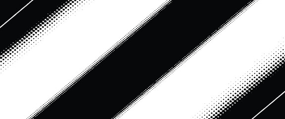 Bold Black and White Diagonal Stripes Halftone for pattern along the edges, creating a modern and abstract visual element.