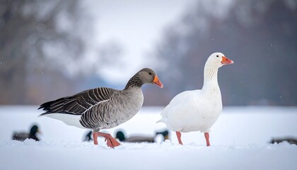 Two geese, one gray, one white, stand in snowy field with blurred ducks and trees in background under a cloudy sky