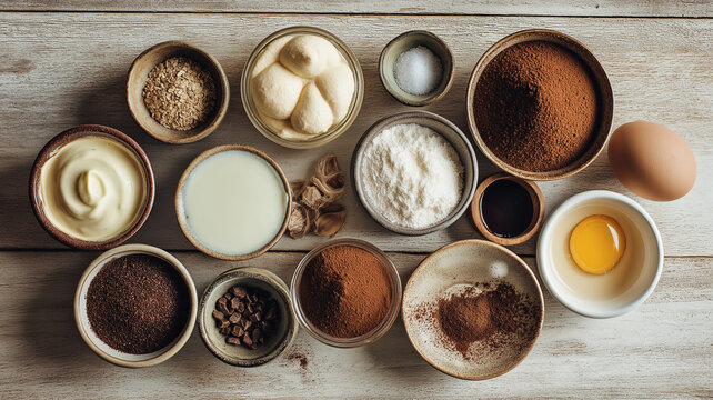 Variety of baking ingredients including cocoa powder, flour, sugar, eggs, and milk are arranged on wooden table, creating rustic and inviting atmosphere