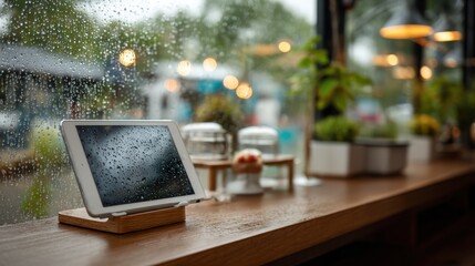 Fototapeta premium Tablet with blank screen on stand by rainy cafe window with electric car outside