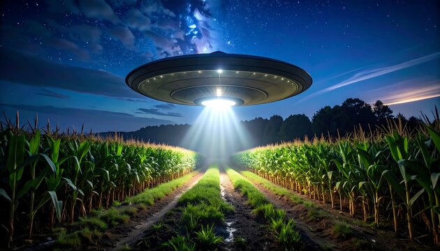 UFO hovers over a cornfield at night, beaming light. Dark sky glows, creating a surreal, otherworldly scene