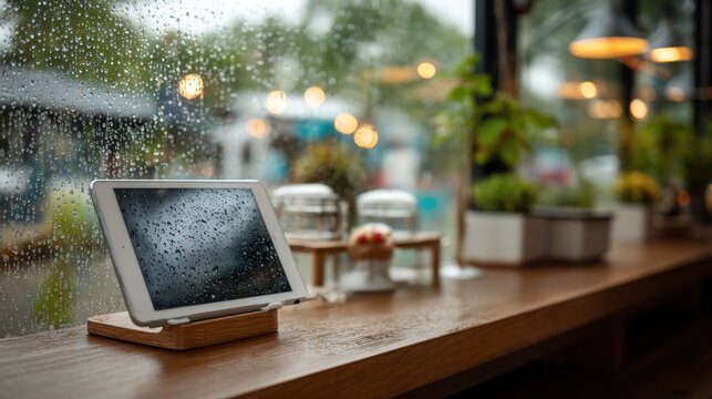 Tablet with blank screen on stand by rainy cafe window with electric car outside