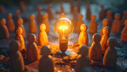 Wooden figures surround a glowing lightbulb on a textured surface, suggesting innovation and collaboration