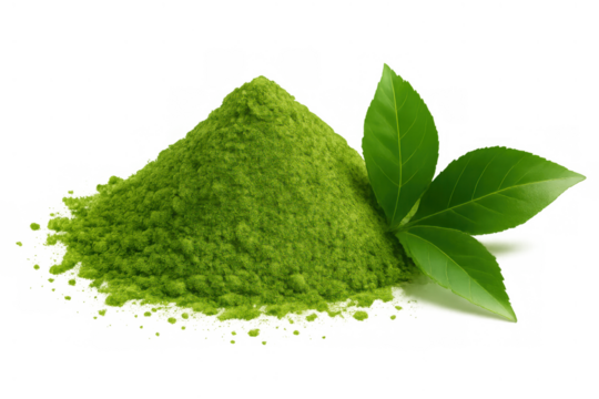 Matcha green tea powder heap with fresh tea leaves next to it, showing healthy antioxidant ingredient on transparent background