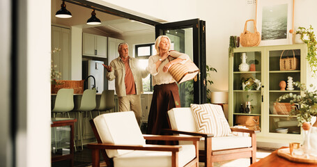 Fight, separation and divorce with old couple in home for toxic relationship, argument and crisis....