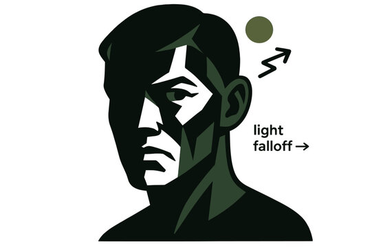 Chiaroscuro Face Vector. Conceptual Portrait ? Chiaroscuro Lines. A face half-lit by a narrow beam; bold shadow planes carve geometry. Small arrow notes ?light