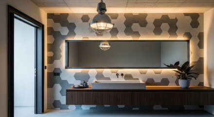 Modern bathroom interior with geometric tile pattern mirror and warm lighting