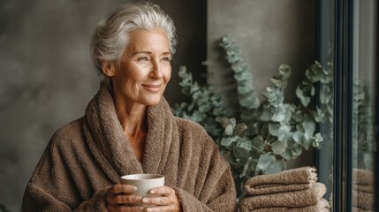 Elderly woman in spa robe sipping tea by window with eucalyptus towels in calm daylight