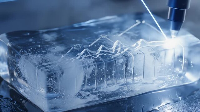Laser Engraver Cutting Design Into Ice Block With Precision and Detail