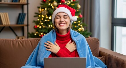 Joyful Woman in Santa Hat Relaxing with Laptop by Christmas Tree – Cozy Holiday Home Scene