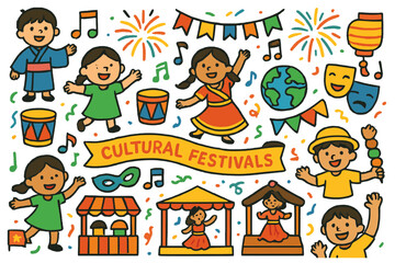 Vibrant Festival Celebration. Cultural festivals. Colorful Hand-drawn doodle Children illustration Cultural festivals colorful banners, music notes, drums,