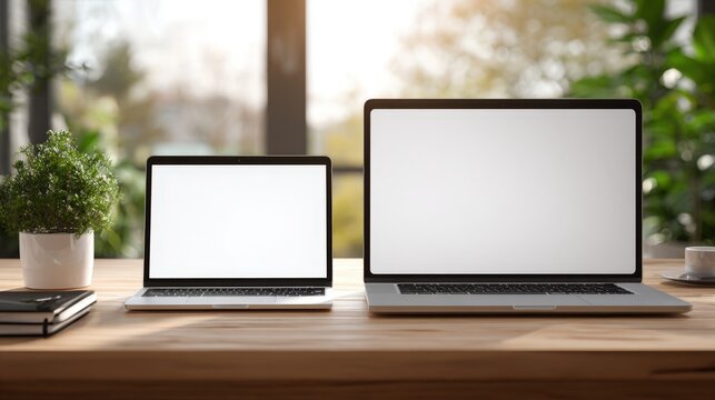 Laptop and external monitor with blank white screens on tidy desk in bright Scandinavian room