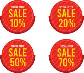 Red Circular Sale Badges Vector with Special Offer and Discount Percentages – 10%, 20%, 50%, 70% Off Promotion Labels
