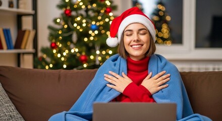 Joyful Woman in Santa Hat Relaxing with Laptop by Christmas Tree – Cozy Holiday Home Scene