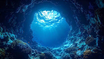 Underwater cavern view with sunlight piercing the surface, illuminating coral and fish in the blue depths