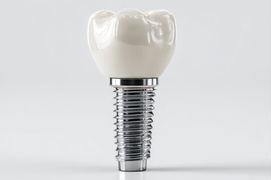 Exploded view of dental implant with titanium screw, abutment, and crown on white background - Powered by Adobe