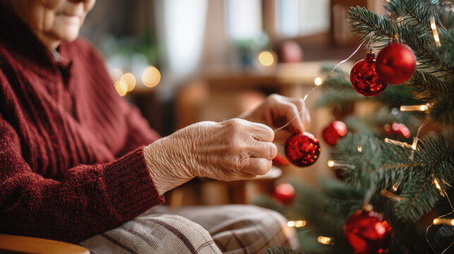 Elderly woman decorating Christmas tree with red ornaments at home. Selective focus.