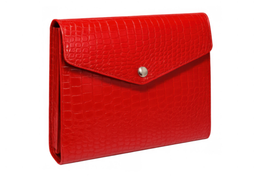 Red leather wallet with crocodile print pattern and metal snap closure, fashion accessory on transparent background