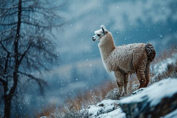 Naklejka premium white llama standing on snowy hill. scene peaceful and serene, with snow covering ground and llama standing alone