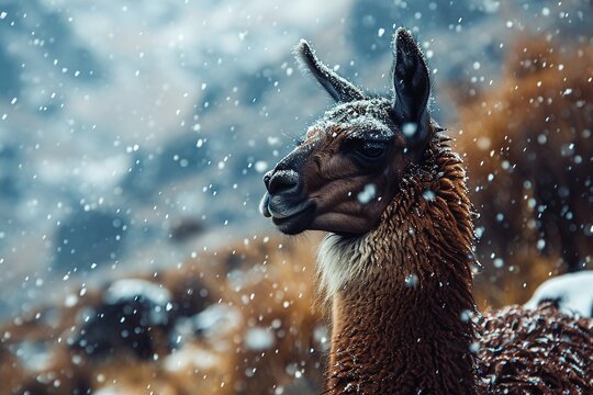 close-up brown llama standing in snow. snow falling around it and llama looking up at sky. scene is peaceful and serene