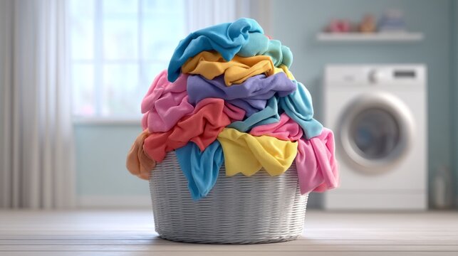 A large, overflowing laundry basket stands in a bright laundry room. The basket is filled with vibrant, colorful clothes, waiting to be washed in the nearby washing machine