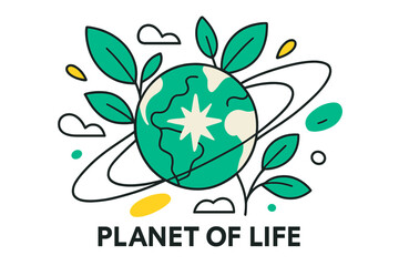 Cosmic Life Sphere. Planet of Life. Earth-like sphere surrounded by sprouting leaves and circular orbit lines. Light energy radiates from the core. Modern