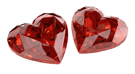Two realistic red gem hearts digitally rendered isolated on transparent background