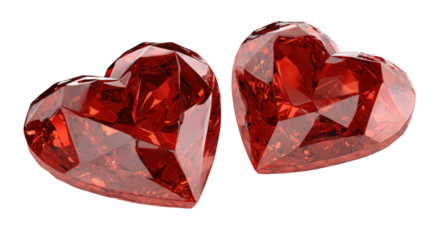 Two realistic red gem hearts digitally rendered isolated on transparent background