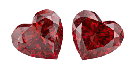 Two sparkling red heart shaped diamonds with facets on transparent background