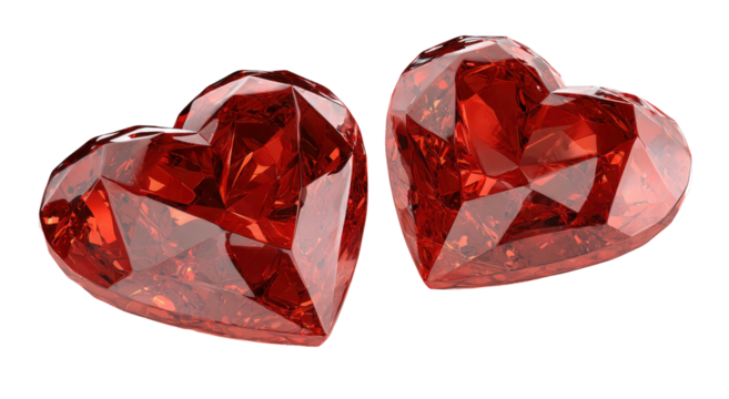 Two realistic red gem hearts digitally rendered isolated on transparent background