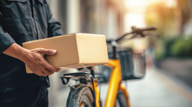 Courier delivering package by bicycle in city during sunny autumn day.