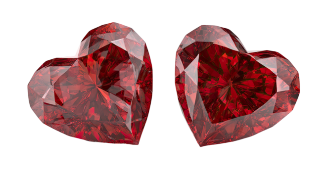 Two sparkling red heart shaped diamonds with facets on transparent background