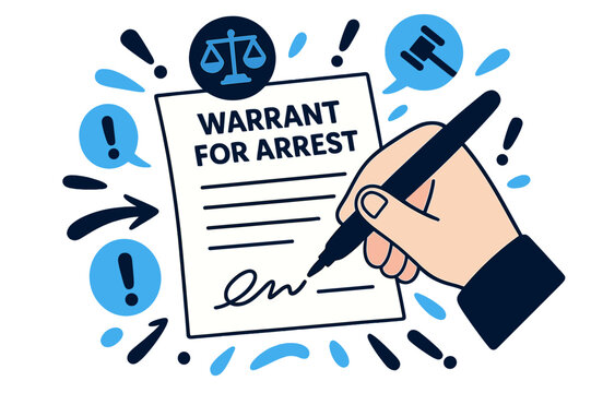 Signing Arrest Warrant. Warrant for arrest. Hand signing an arrest warrant with abstract floating legal icons and exclamation marks; emphasizes authority,