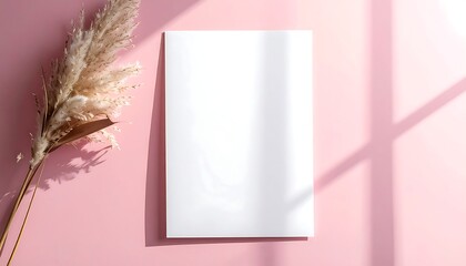 A blank white paper sheet stands on a light pink surface next to dried, fluffy plant elements. Shadows of a window frame add depth