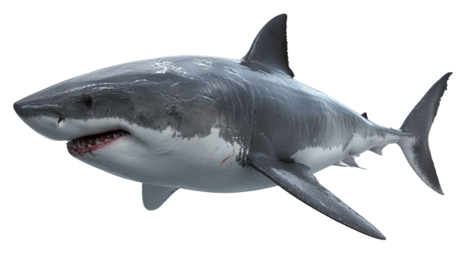 Detailed great white shark illustration with realistic textures on transparent background
