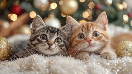Adorable Kittens Snuggling on Sparkling Blanket with Christmas Decor