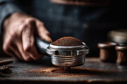 Barista tamping fresh coffee grounds with metal tamper in soft side light close-up