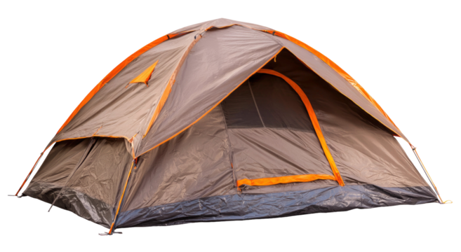Detailed view of a small camping tent with orange accents on transparent background