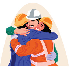 Three construction workers in hard hats embracing with smiles celebrating success teamwork and camaraderie in an illustration with a cream background and arched lighting
