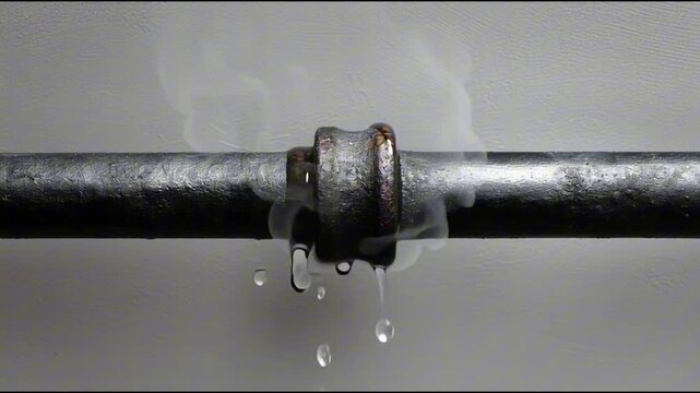 Close-up of corroded hot water pipe joint with visible leak and steam, pressurized water spraying from rusty hole .