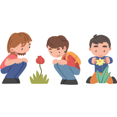 Three Diverse Children Observe Nature Two Girls and One Boy Squatting Down Examining Colorful Flowers and Green Grass With A Transparent Background