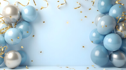 Elegant Pastel Blue Party Background with Gold Confetti and Metallic Balloons