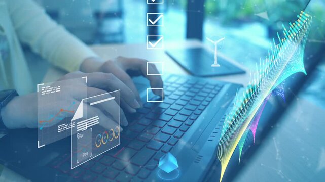 Futuristic digital document management concept showing a hand working on a laptop with virtual electronic files and checklists. Ideal for illustrating modern data processing, paperless workflow,