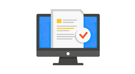 Computer monitor displaying a document with a checkmark on transparent background
