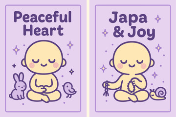 Kawaii Nature Meditation. Meditation in Nature. Two vertical A6 banners with safe margins, centered composition, no elements touching edges, kawaii, lavender