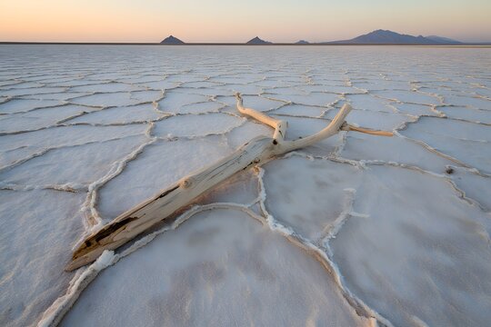 Dry wood on salt flats with mountains in the distance under a pastel sky view landscape