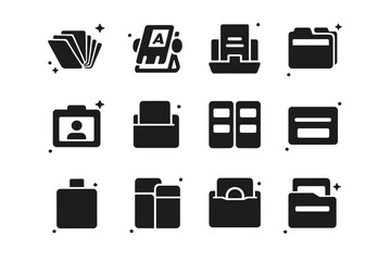 Card Management Icons. Card management and organization. Solid icons set of card management and organization: accordion cardholder, rotating card stack, pop-up