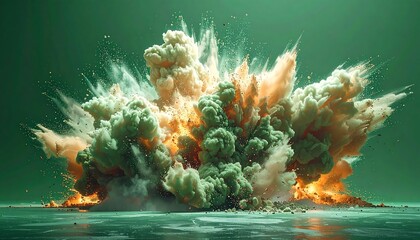 Voluminous explosion of cream, green, and orange plumes above a reflective surface with a blurred, green background