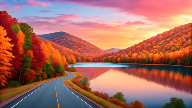 Beautiful autumn landscape with winding road beside lake and colorful mountain forest at sunset
- Powered by Adobe